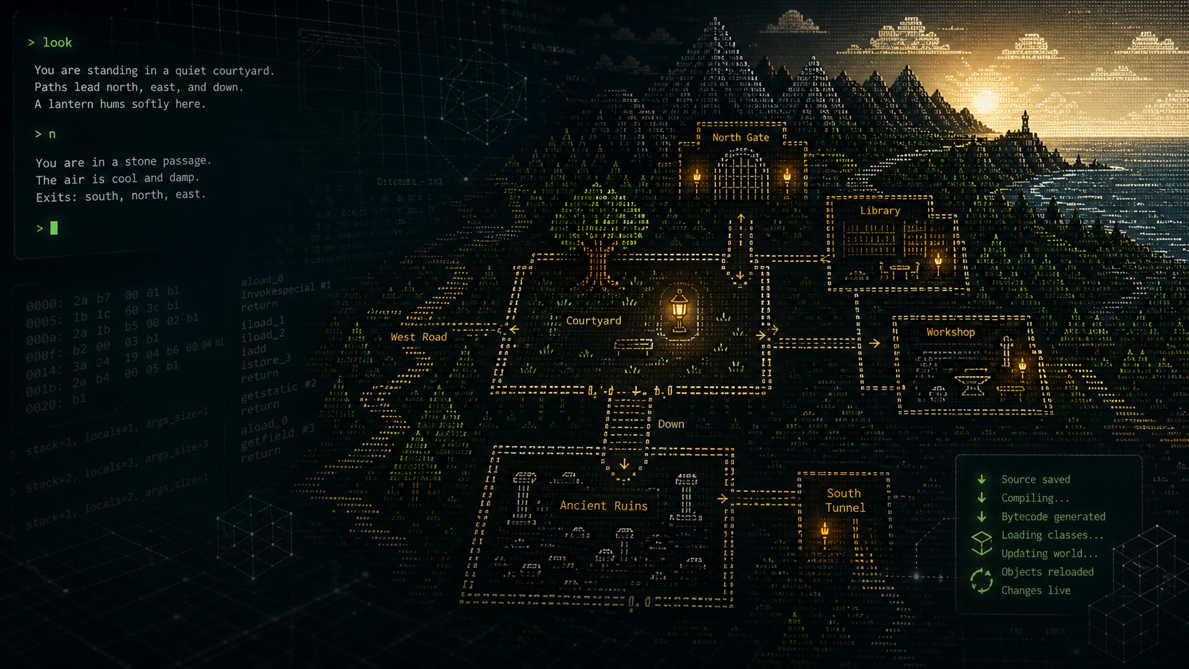 A text adventure world rendered as connected rooms, command output, and bytecode motifs.